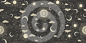 Sun with face, clouds and stars, seamless celestial pattern for fabric, vintage black astrology background with gold photo