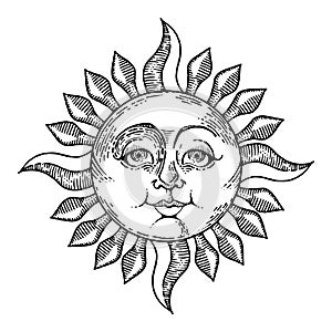 Sun with face engraving style vector illustration