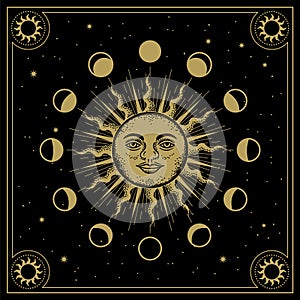 Sun face with moon orbits phases in line art, engraving, luxury theme for tarot reader