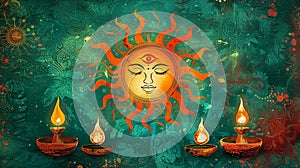 Sun Face Mural With Flaming Diyas On Textured Background. Sinhala New Year Celebration. AI Generated