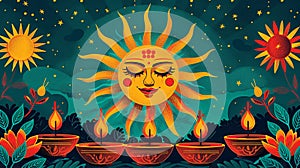 Sun Face Mural With Flaming Diyas On Textured Background. Sinhala New Year Celebration. AI Generated