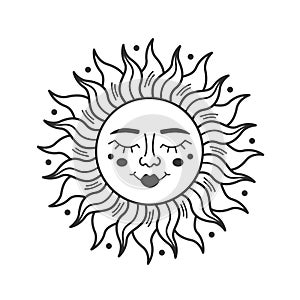 Sun with faces isolated on white background. Sun boho mystical sign for design, logo, tattoo.