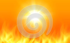 The sun in flames, an orange background with flames as a symbol of fires and hot weather natural disaster