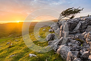 Sun Flare Illuminating Vibrant Landscape At Twistleton Scar In North Yorkshire, UK.