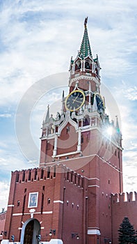 Sun flare on Kremlin in Red Square, Moscow, Russia