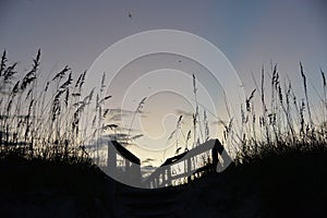 The sun flashes a final light on the beach boardwalk and its veil of sea oats