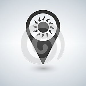 Sun flat pin map icon. Map pointer. Weather map pointer. Vector illustration.