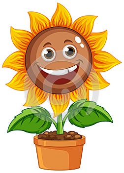 Sun flower cartoon in pot with smiley face