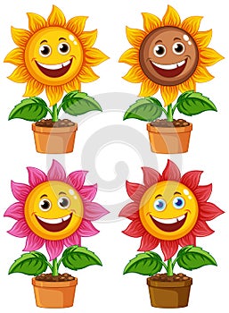 Sun flower cartoon in pot with smiley face