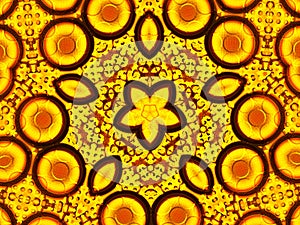 Sun flower kaleidoscope background. Beautiful yellow sunflowers seamless pattern. Unique kaleidoscope mosaic texture. Summer time