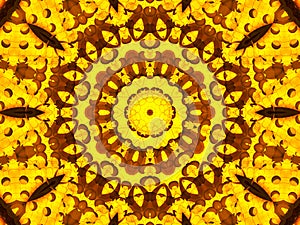 Sun flower kaleidoscope background. Beautiful yellow sunflowers seamless pattern. Unique kaleidoscope mosaic texture. Summer time