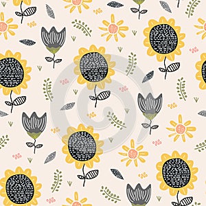 Sun flower pattern drawing background. Seamless hand drawn floral botanical design vector illustration for textile print