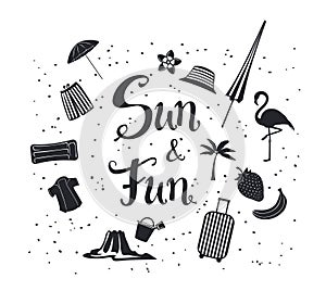 Sun and fun hand written summer time travel silhouette poster with decorational items