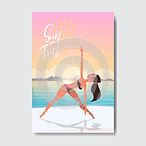 Sun fun yoga woman doing exercises sunset beach badge Design Label. Season Holidays lettering for logo,Templates