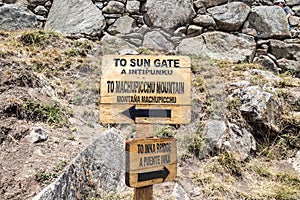 The Sun Gate sign at Machu Picchu, Cusco, Peru.