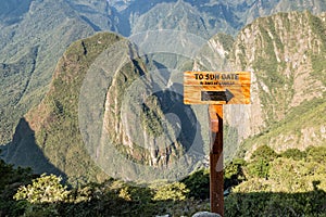 The sun gate sign. Machu Picchu, Cusco, Peru, South America.
