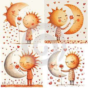 The Sun gives flowers and his love to the Moon. Adorable watercolor nursery illustration for Valentine\'s Day greeting or