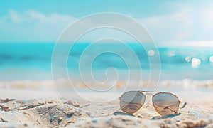 Sun glasses on the beach with turquoise sea background