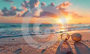 Sun glasses on the beach with turquoise sea background at sunset time.