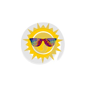 Sun with glasses icon. Summer sun flat sign for mobile concept and web design isolated on white background
