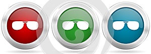 Sun glasses, sunglasses vector icon set. Red, blue and green silver metallic web buttons with chrome border