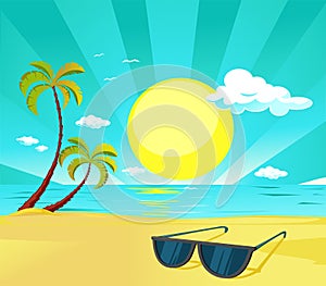 Sun Glasses on the Tropical Beach with Palm Tree- Vector