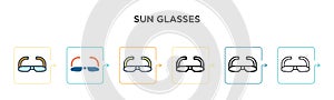 Sun glasses vector icon in 6 different modern styles. Black, two colored sun glasses icons designed in filled, outline, line and