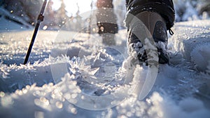 The sun glints off of the icy surface as the hiker pushes through thighdeep snow the weight of pack dragging down. With photo