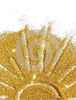 The sun of golden glitter sparkle on white background