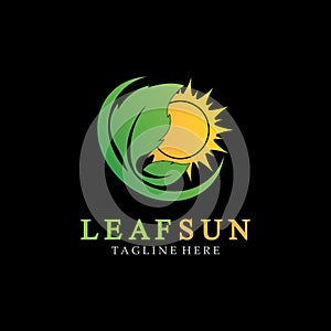 Sun & Green Leaf Logo Icons vector design template. Eco Sun Energy Logo isolated on black background