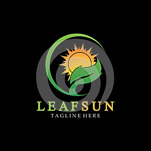 Sun & Green Leaf Logo Icons vector design template. Eco Sun Energy Logo isolated on black background