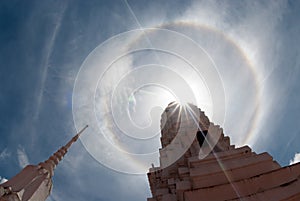 Sun halo or corona phenomenon in cloudy and blue the sky.