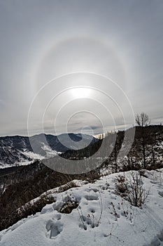 A sun halo over Altay mountains