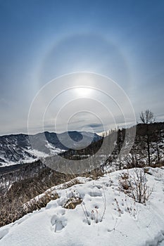 A sun halo over Altay mountains