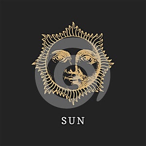 The Sun, hand drawn in engraving style. Vector graphic retro illustration.