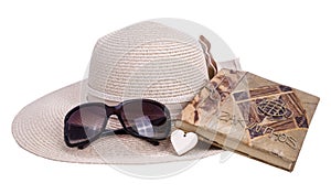 sun hat with sunglasses and datebook isolatade on the white background