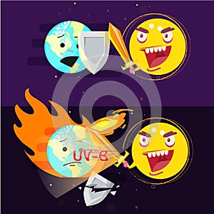 Sun hitting earth with sword of fire. earth hurt and painful by fire. ultraviolet effect concept - illustration