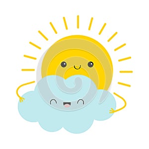 Sun holding cloud icon. Cute kawaii face. Cartoon funny smiling character. Good morning. Hello summer. Sunshine. Yellow color.