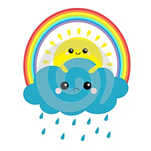 Sun holding cloud, rainbow set. Rain drop weather. Smiling and sad face. Friends forever. Fluffy clouds. Cute cartoon cloudscape.