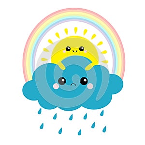 Sun holding cloud, rainbow set. Smiling and sad face. Rain drop weather. Friends forever. Fluffy clouds. Cute cartoon cloudscape.