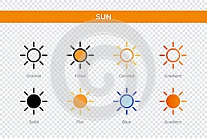 sun icon in different style. sun vector icons designed in outline, solid, colored, filled, gradient, and flat style. Symbol, logo