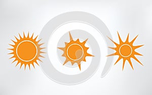 Sun icon set of 3, the source of light symbol. Sunlight, sunrise element. Shining sun icon in yellow color. Stock vector