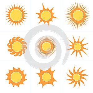 Sun icon set of 9, the source of light symbol. Sunlight, sunrise element. Shining sun icon in yellow color. Stock vector