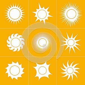 Sun icon set of 9, the source of light symbol. Sunlight, sunrise element. Shining sun icon in yellow color. Stock vector