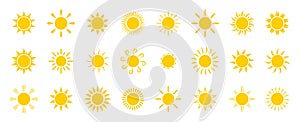 Sun icon set. Solar icons isolated on white background. Sunrise, sunset or sun shine sign collection. Vector