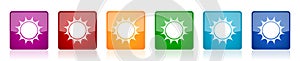 Sun icon set, square glossy vector buttons in 6 colors options for webdesign and mobile applications