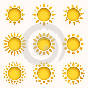 Sun icon set. Summer sky elements. Sun silhouettes collection. Isolated sun symbol. Cute cartoon sun icons.