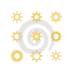 Sun icon set. Vector icon. Sun symbol. Yellow sun. Weather icon. Meteorology sign. Design element for work