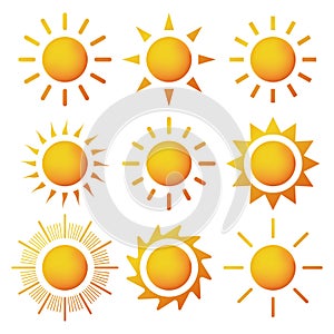 Sun icon set. Yellow sun star icons collection. Yellow suns circles. Trendy summer symbol. Vector illustration
