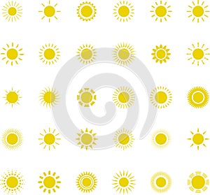 Sun icon set. Yellow sun star icons or logo collection. Summer, sunlight, sunset, sunburst. Vector illustration